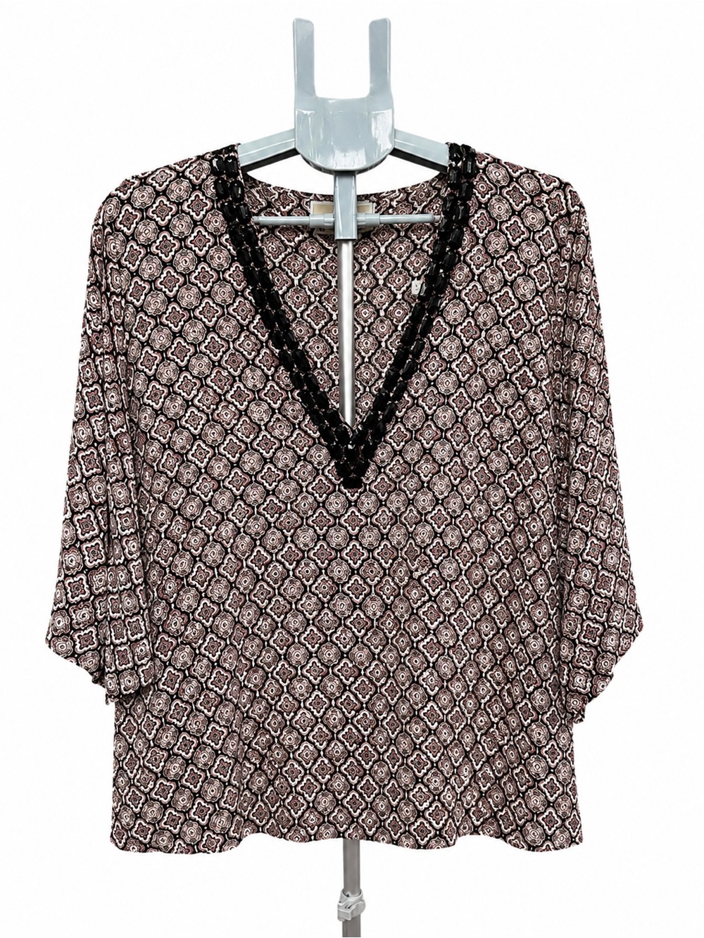 Vintage Y2K Michael Kors 100% Silk Gem Embellished Tile Print Tunic Top S